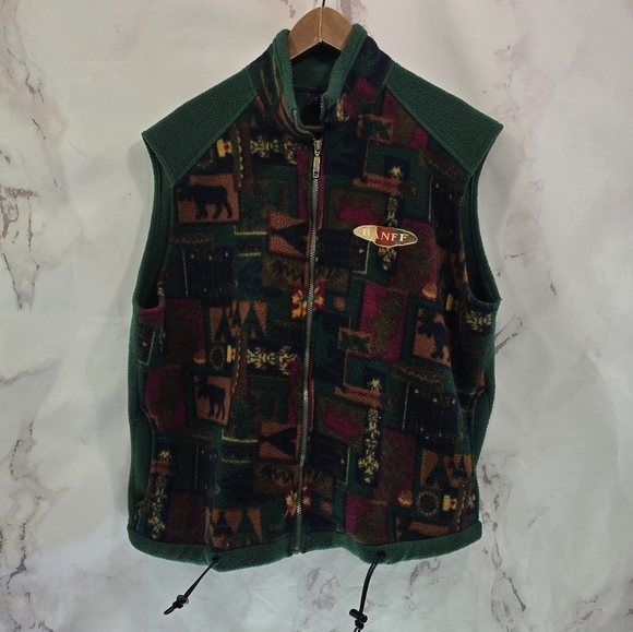 Banff National Park Vest Mens Large Green Red Vintage Zip Fleece 90s Canada - Picture 1 of 9